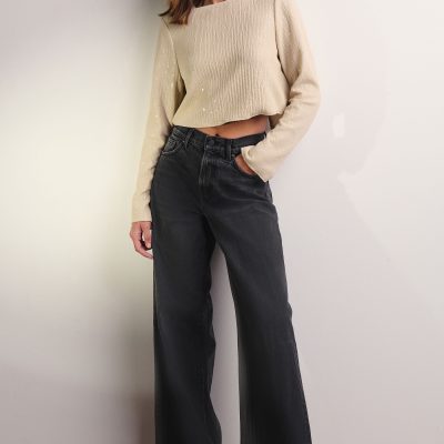 Stuf3862| Washed Black Rigid Wide Leg 100% Cotton Jeans